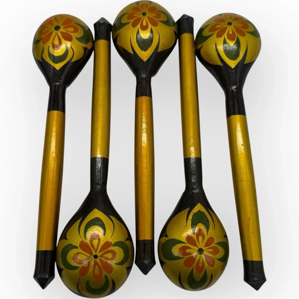 Lot of 11 Vtg Russian‎ Khokhloma Spoons Lacquer Hand Painted Wood  5 Sm 6 Lrg